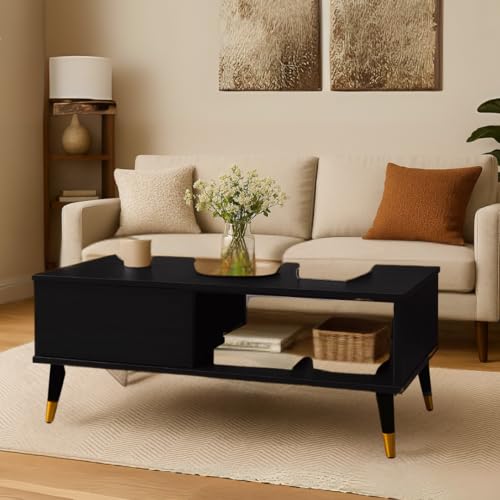 Image of MATTERHORN Noir Coffee Table - 1000x550x500 mm (LxBxH), Engineered Wood & Steel with Black & Gold Legs, Free Assembly, 1-Year Warranty - Modern Center Table for Living Room (Ebony Black Finish)