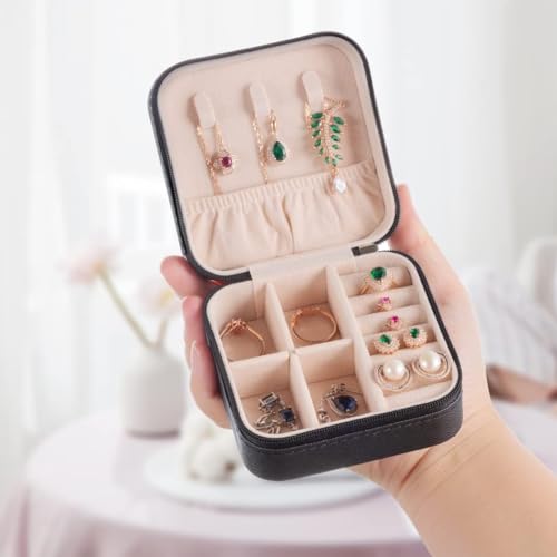 Image of Ballotte Leather Jewelry Organizer Box For Necklaces, Bracelets, Earrings, Rings And More, Small, Pink (Black)