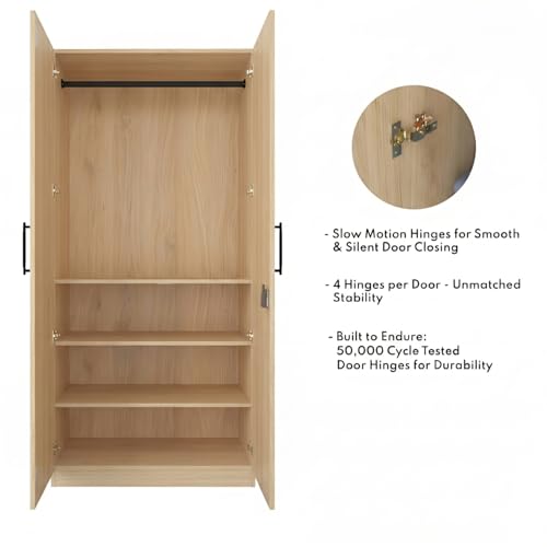 Image of Amazon Brand - Solimo Kiano 2 Door Wardrobe | Cupboard | Almirah with 4 Shelves & Hanging Rod | 90L x 45W x 180H CM | Wood Oak Light | DIY