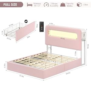 HOSTACK Full LED Bed Frame with Storage Headboard and Charging Station Girls Bed Frame with 2 Drawers and USB Ports Velvet Upholstered Platform Bed Frame with Bookcase No Box Spring Needed Pink