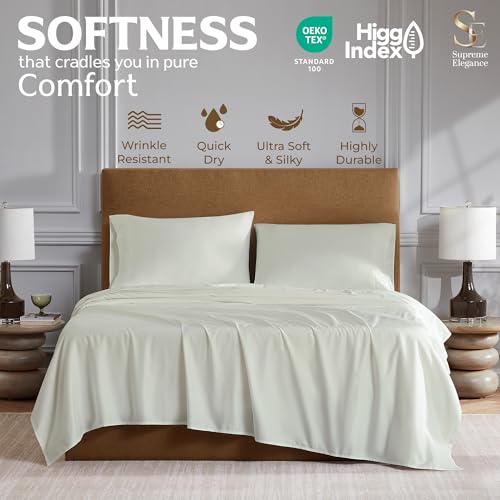 800 Thread Count Fresh Ivory King Size Sheets Set, Hotel Luxury Cotton Rich Sateen Bed Sheet, Ultra Soft King Easy Care Deep Pocket Sheets (1 Flat Sheet, 1 Fitted Sheet & 2 Pillowcases) by SUPREME ELEGANCE - Image 3