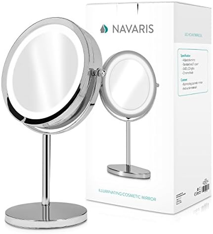 Navaris LED Illuminated Makeup Mirror - Two-Sided Vanity Mirror with Normal and 7x Magnification - 2-in-1 360° Swivel Cosmetics Mirror - Silver