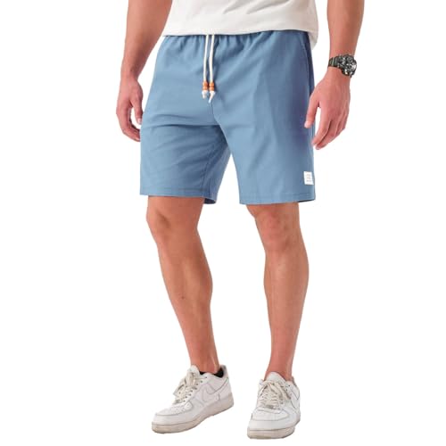 Image of JustSun Mens Shorts UK Linen Shorts with Pockets Casual Summer Elasticated Waist Denim Blue L