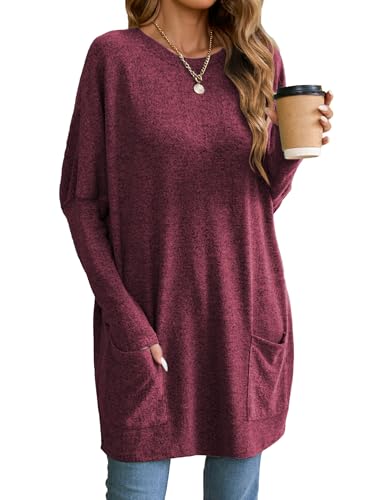Famulily Lange Tuniken für Damen, lässig, einfarbig, übergroßes langes T-Shirt, Rundhalsausschnitt, Sweatshirt mit Taschen, wein, M