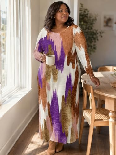 Image of PinkPatty Plus Size Maxi Dress for Curvy Women Crew Neck Long Sleeves Casual Dress Vacation Sundresses with Pockets
