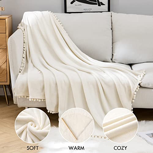 Miulee Fleece Blanket With Pompom Fringe, Soft Cozy Lightweight Flannel Bed Blanket Fuzzy Plush Warm Blanket With Boho Decorative Tassel For Couch Sofa, Throw Size 50"X60", Cream White #TOP7
