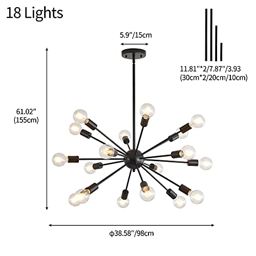 Jklx Mid-Century Sputnik Chandeliers 18-Lights, Modern Semi Flush Mount Ceiling Light Fixture Industrial Retro Hanging Lamps For Kitchen Living Room Dining Bedroom Corridor, Black（Bulb Not Included） #TOP4