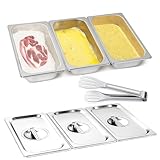 Kongming Panierschalen Set 3-teilig Edelstahl GN 1/3 Behälter mit Deckel & Küchenzange Rechteckige Stapelbare Gastro Behälter für Koteletts, Schnitzel, Fleisch, Fisch (32.5 x 17.5 x 6.5 cm)