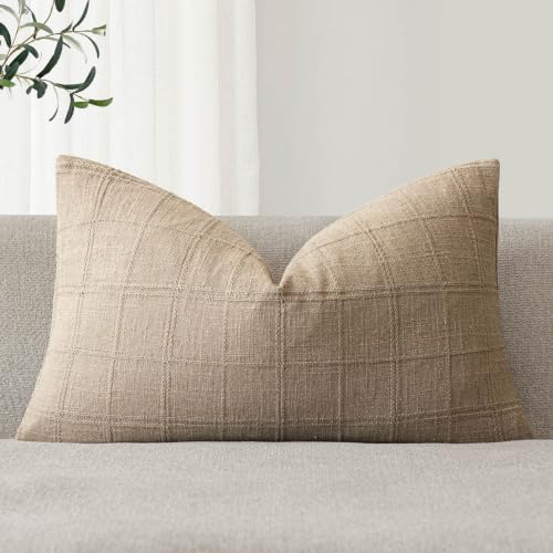 Image of Foindtower Set of 1 Decorative Linen Check Throw Pillow Cover Neutral Farmhouse Lumbar Cushion Cover Modern Coastal Boho Home Decor for Sofa Chair Couch Bedroom Living Room,12x20 Inch,Camel