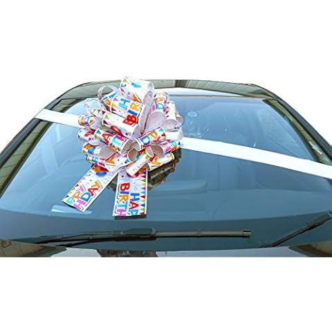 MEGA Giant CAR Bow (16 inch) + 6 METRES of Ribbon for Cars, Bikes, Big Birthday & Christmas Gifts - Happy Birthday Cover