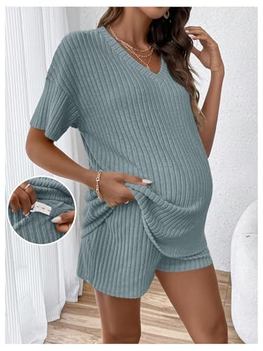 Image of MakeMeChic Women's Maternity Sets Summer Rib Knit Top and Short | 2 Piece Mama Clothes,Lounge,Short Sleeve Tee Shirt,Pregnancy Pajamas,Bump Friendly Outfits