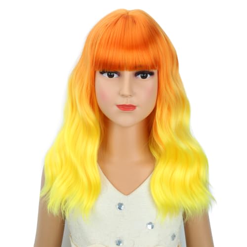 Image of PATTNIUM Grils Orange Ombre Wig with Bangs Kids Short Wavy Curly Wig Orange Bob Wigs Synthetic Halloween Costume Cosplay Party Wigs