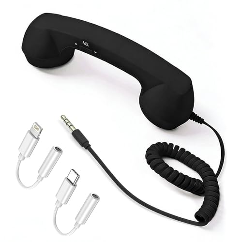 Retro Phone Handset for Cell Phone, 3.5mm Jack with USB-C & Lightning Adapters, Vintage Telephone Receiver, Plug and Play for Calls, Meetings & Video Conferences (Black)