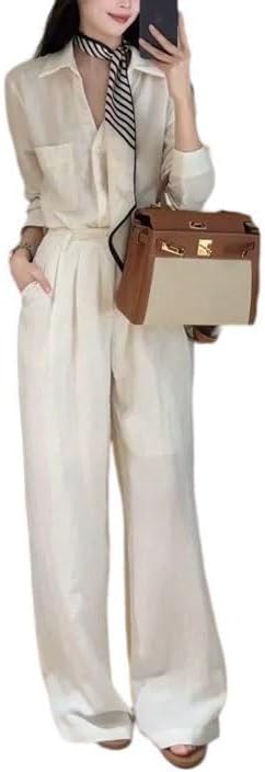 Women Linen Shirt Set Summer Blouse Wide Leg Pants Casual Outfit