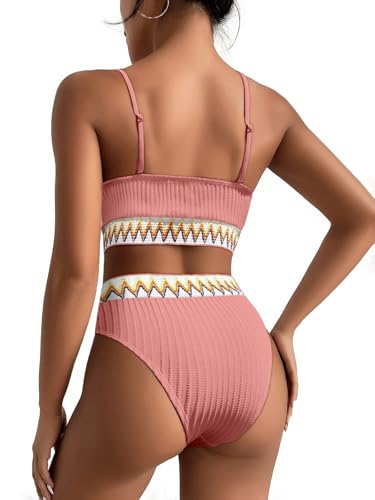 Image of Lilosy High Waisted Tummy Control Ribbed Bikini Crop Top Brazilian Swimsuit Set 2 Piece