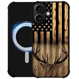 DJSOK Case for iPhone 17,Compatible with MagSafe,Anti-Scratch Shockproof Case,Wood Grain American Flag Buck Hunter Deer