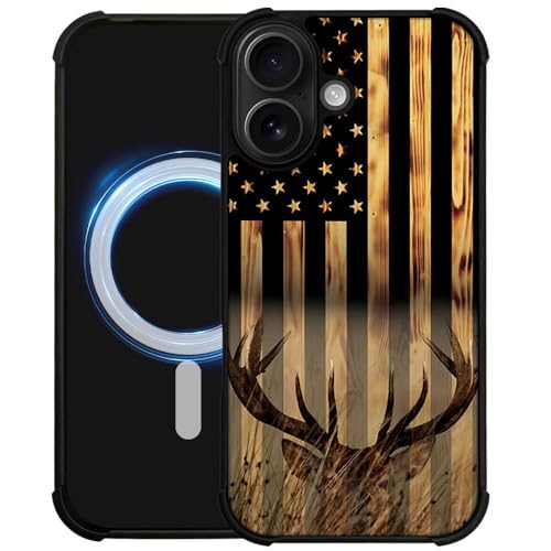 DJSOK Case for iPhone 17,Compatible with MagSafe,Anti-Scratch Shockproof Case,Wood Grain American Flag Buck Hunter Deer