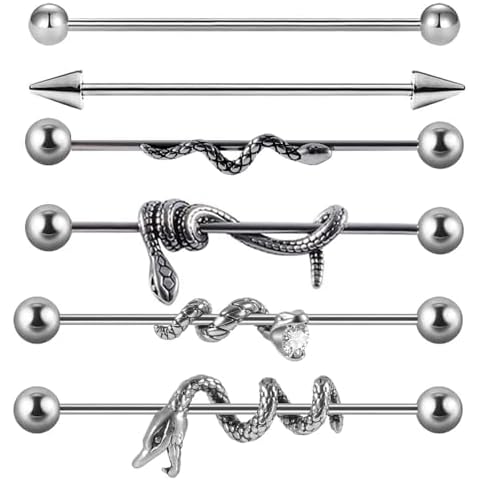 Niaspi 6Pcs 16G Snake Industrial Barbell Earrings for Women Men Surgical Steel Curved Coiled Snake Industrial Bar Long Cartilage Helix Conch Barbell Body Piercing Jewelry Cover