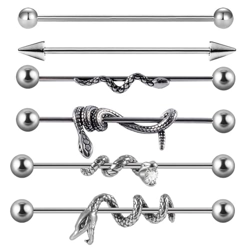 6Pcs 16G Snake Industrial Barbell Earrings for Women Men Surgical Steel Curved Coiled Snake Industrial Bar Long Cartilage Helix Conch Barbell Body Piercing Jewelry