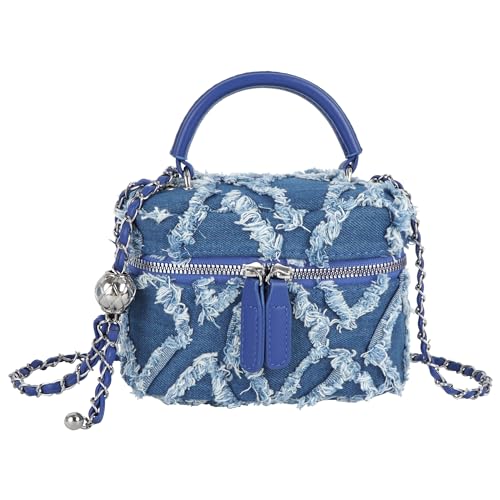 Image of Women Denim Mini Bucket Shoulder Crossbody Bag Drawstring Quilted Distressed Tassel Barrel Shape Satchel Purse