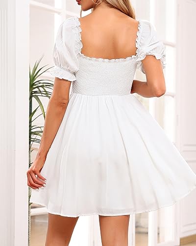 Image of Holipick Women's Casual Square Neck Smocked Dress Shirred Ruffle Puff Sleeve High Waist Cute Flowy A-Line Short Dress