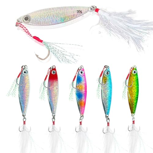 5 pièces Leurres de Pêche en Mer en Métal, Peche Kits Leurres, Leurres de Pêche Coulant Cuillères, avec Hameçons Triples, pour La Truite, Le Barracuda,...