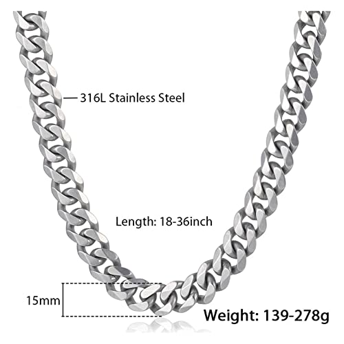 Justzhenfeng Matte Brushed Polished Necklace Men's Chain Cut Roadside Cuban Link 316L Stainless Steel Silver 15Mm Necklaces Pendants (Length : 22Inch 55Cm, Metal Color : Matte Finished) #TOP1