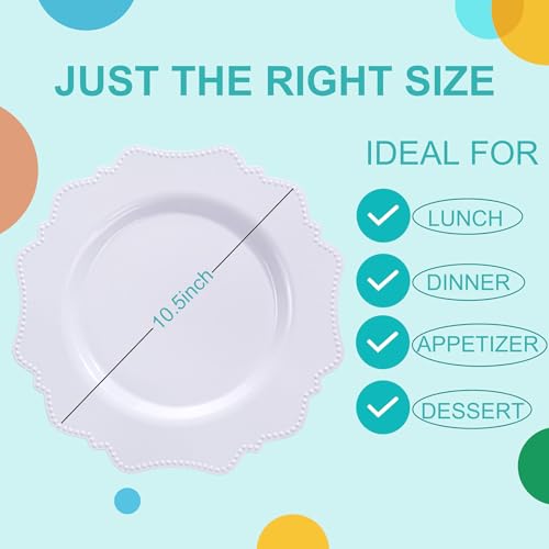 COLOSUS 100pcs 9.5 Inch-White Plastic Dinner Plates, Fancy White Plastic Plates,Heavy Duty Disposable Dinner Plates for Party Thanksgiving and Everyday Use