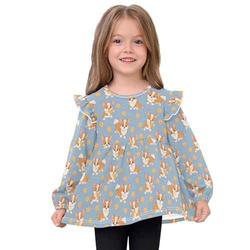 Corgi Dog with Ball Girls Shirts Cotton Long Sleeve Ruffle Toddler Tee Tops3