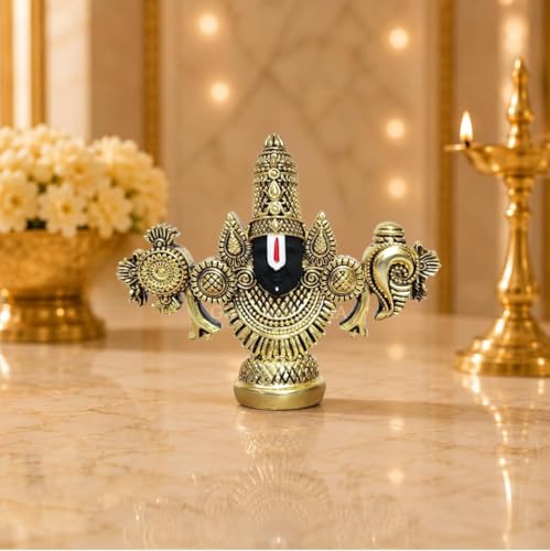 Image of Gold Art India Lord Venkateswara Balaji Idol | Gold-Plated Antique Matte Finish Murti | 3.5 x 4.2 inch | Tirupati Balaji Statue for Home Mandir, Office & Gifting