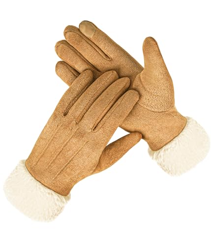 Bobelle Wear Winterhandschuhe Damen, Warme Touchscreen Handschuhe, Thermo Wildleder Strickhandschuhe mit Fleece Futter (Khaki)