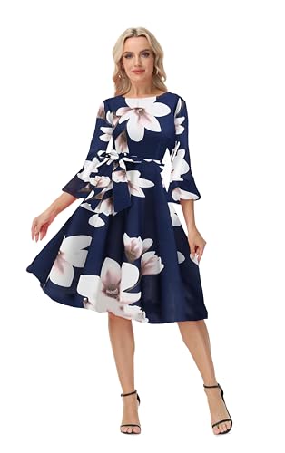 Image of Hostoyo Church Dress for Women Wedding Guest Cocktail Party Dresses Evening Prom Formal Modest Gowns Crew Neck Bell Sleeve