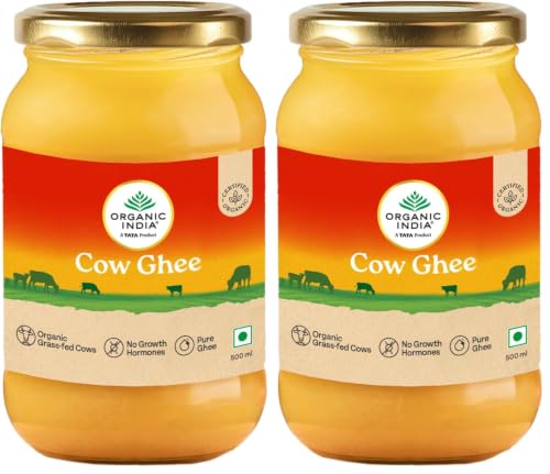 Image of Organic India Pure Cow Ghee, 500ml | Labs Tested on 250+ Parameters | Certified Organic | Glass Bottle | Sourced from Organically Fed Cows | Authentic Taste, Rich in Healthy Fat (Pack of 2)