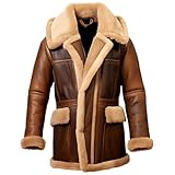 Men’s Brown Sheepskin Aviator Coat - Sherpa Shearling Lined, Mid-Length, Winter Warm, Distressed Leather Outerwear (US, Alpha, XX-Large, Regular, Regular, Brown)