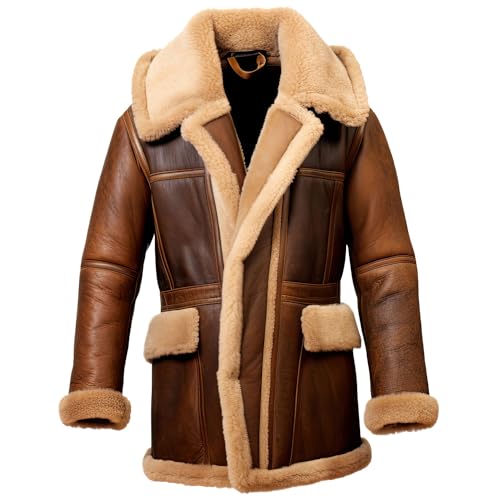 Men’s Brown Sheepskin Aviator Coat - Sherpa Shearling Lined, Mid-Length, Winter Warm, Distressed Leather Outerwear