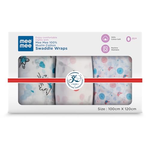 Image of Mee Mee 100% Cotton Muslin Swaddle Wrap for Newborn Baby (120 x 100 cm) | Ultra Soft, Breathable, Lightweight & Quick-Dry | Hypoallergenic Multi-Use Baby Blanket, Nursing Cover, Stroller Cover