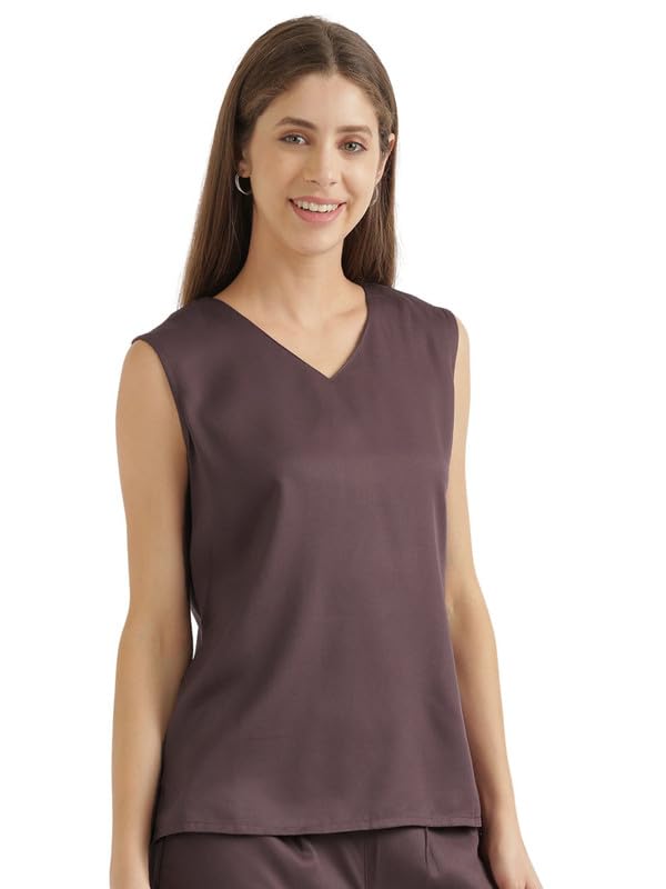 SAADAA V-Neck Tops for Women, Plain, Sleeveless, Regular Fit, Viscose Fabric, Office & Casual Wear, (SDRSTBR_3XL, Brinjal Color)