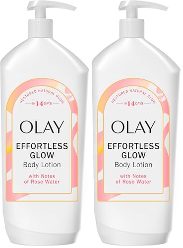 Image of Olay Body Lotion for Women, Effortless Glow,Restore Natural Glow, 24hr Moisturizing & Deep Hydration, Absorbs Instantly, Penetrating Vitamin B3,For All Skin Types,Rose Water Scent,18 fl oz,(Pack of 2)