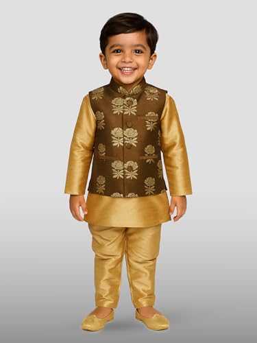 Image of JBN Creation Boys' Silk Blend Nehru Jacket || Banarasi Brocade Woven Jacquard Modi /Nehru Jacket || Ethnic Wear for Festivals, Weddings