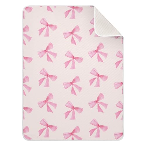 Image of Xigua Pink Bow Baby Blanket - Cotton, Lightweight, Soft Receiving & Swaddling Blanket for Infants, Crib, Stroller, Nursery - 30x40 Inch