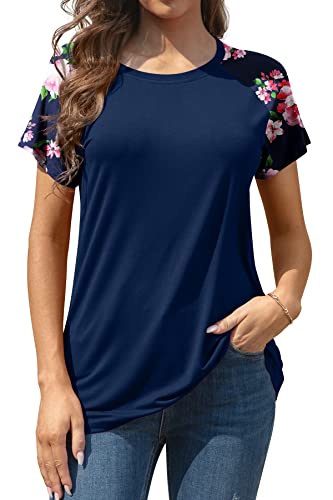 AYIFU Women's Loose Fit Raglan Sleeve Rayon T-Shirt Casual Summer Tunic Tops Trendy, Navy Blue Pink Flower, Medium