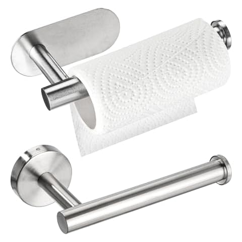2PCS Paper Towel Holder Under The Cabinet, Self-Adhesive or Perforated Stainless Steel Paper Towel Holder for Kitchen, Bathroom & Storage Cabinet (Silver) Cover