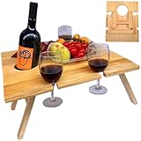 Ginwrek Mesa de picnic portátil de madera de 13 x 12 x 6 pulgadas, plegable, con ranura para copas de vino y agujero para soporte para botellas de vino para césped, jardín, parque al aire libre