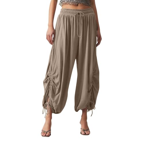 Women's Harem Capri Pants High Waist Palazzo Trousers Wide Leg Balloon Capris Drawstring Jogger Exotic Beach Pants