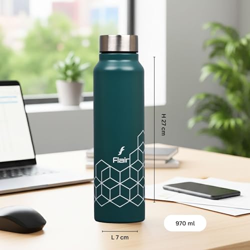 Image of FLAIR Hexa BIS-Certified Stainless Steel Fridge Bottle 970ml | BPA-Free & Food Grade | Leak Proof Water Bottle for Office, Travel, Gym & Home | Durable & Rust Resistant (Green)