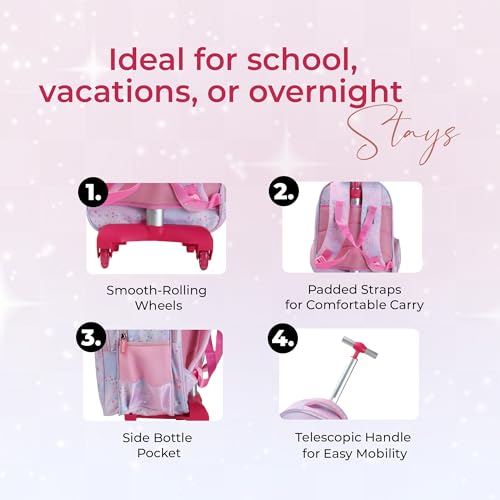Image of NOVEX Unicorn Kids Backpack Trolley | 18 Inch Baby Pink School Bag with 2 Wheels | Cute Girls Travel Spinner Luggage with 2 Compartments | Lightweight Easy-to-Carry Polyester - 52 cm