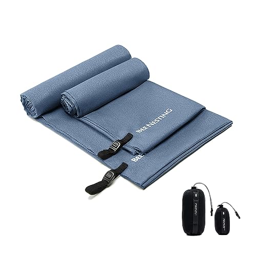 Bee Nesting Ultralight Quick Dry Towel - Medium&Small 2 Pack Microfiber Towels with Compact Packable Pocket for Lightweight Backpacking Travel, Beach, Gym, Camping & Hiking(Navy Blue, M&S 2 Set)