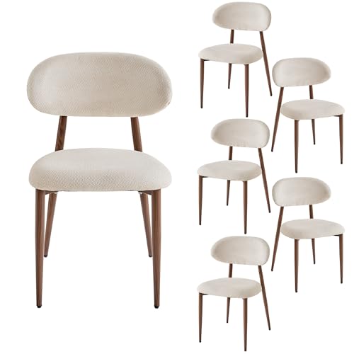 GrandCA HOME Lot de 6 Chaises de Salle à Manger de Style Médiéval, Chaises de Cuisine en Lin Beige avec Dossier, Pieds en Métal Imitation Bois Foncé,...