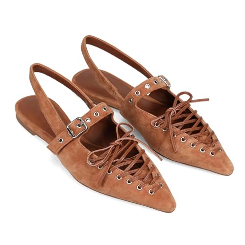 Slingback Flats for Women Lace Up Suede Mules Pointed Toe Adjustable Buckle Flats Comfort Walking Work Dressy Pumps2