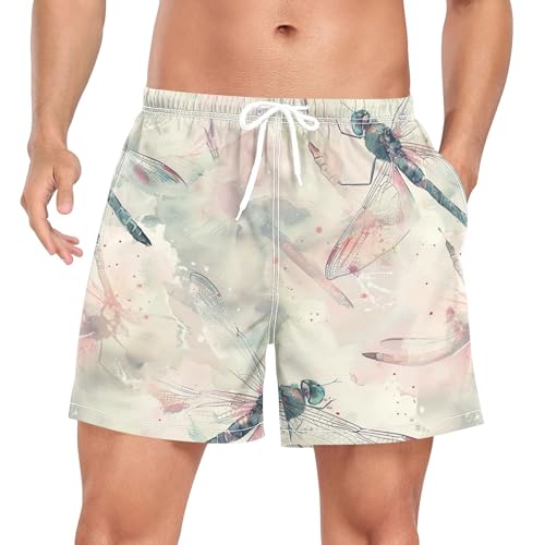 xigua Watercolor Dragonflies Mens Swim Trunks with Liner, 5 inch Quick Dry Mens Boardshorts for Beach